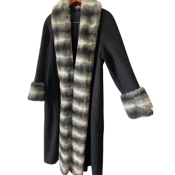 Vintage Penny Lane Long Wool Trench Coat US 6 Black Faux Fur Winter Made in USA - Picture 11 of 12